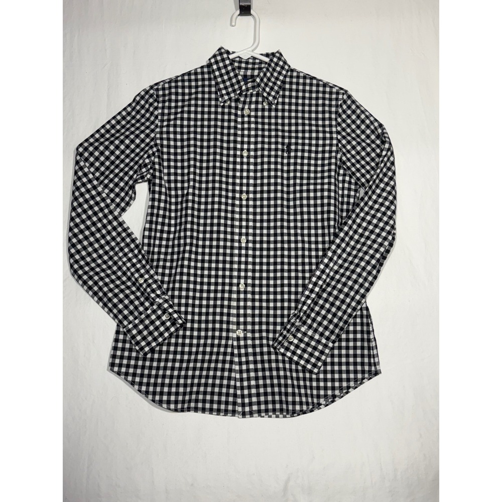 Ralph Lauren Slim Fit Gingham Button Down Shirt Black White Cotton Womens Small